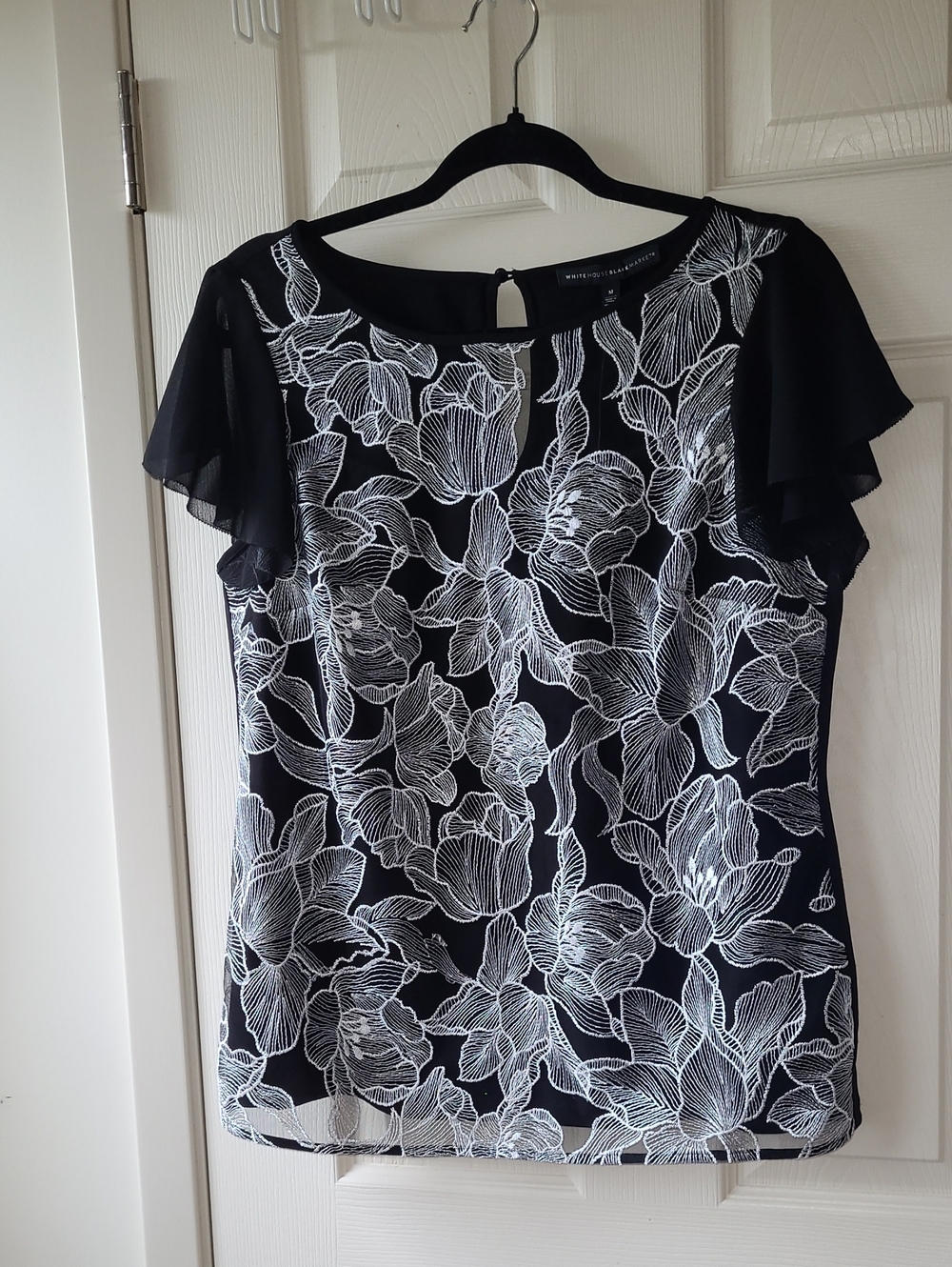 White House Black Market Black Floral Sheer Overlay Blouse